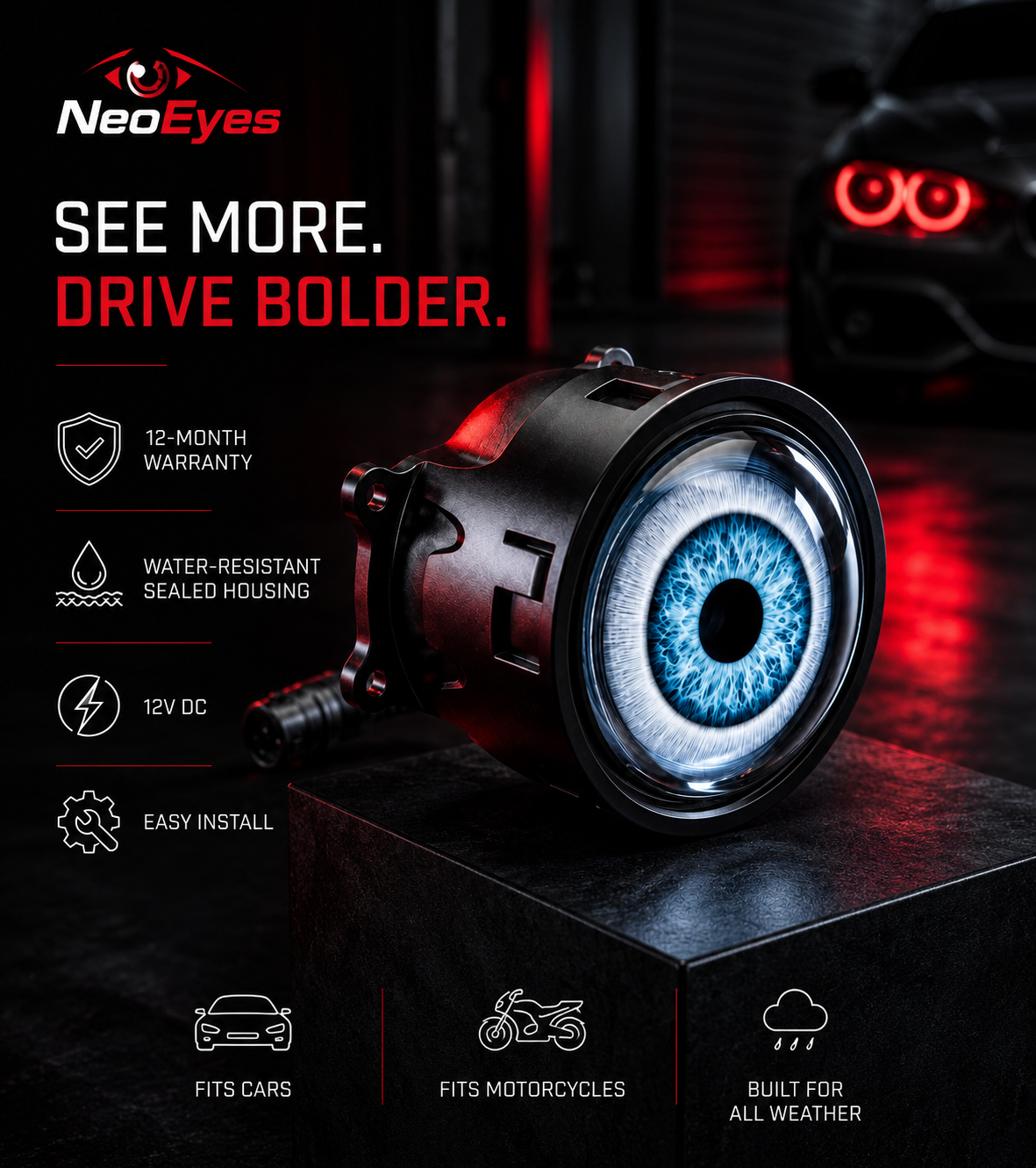 NeoEyes custom car headlight conversion kit featuring a realistic blue and black human eye lens inside a black cylindrical housing, displayed on a dark pedestal with promotional text and a blurred car in the background.